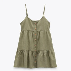 Zara Linen  Blend Woven Strap Mini Tiered Summer Dress Green NWT Size Large